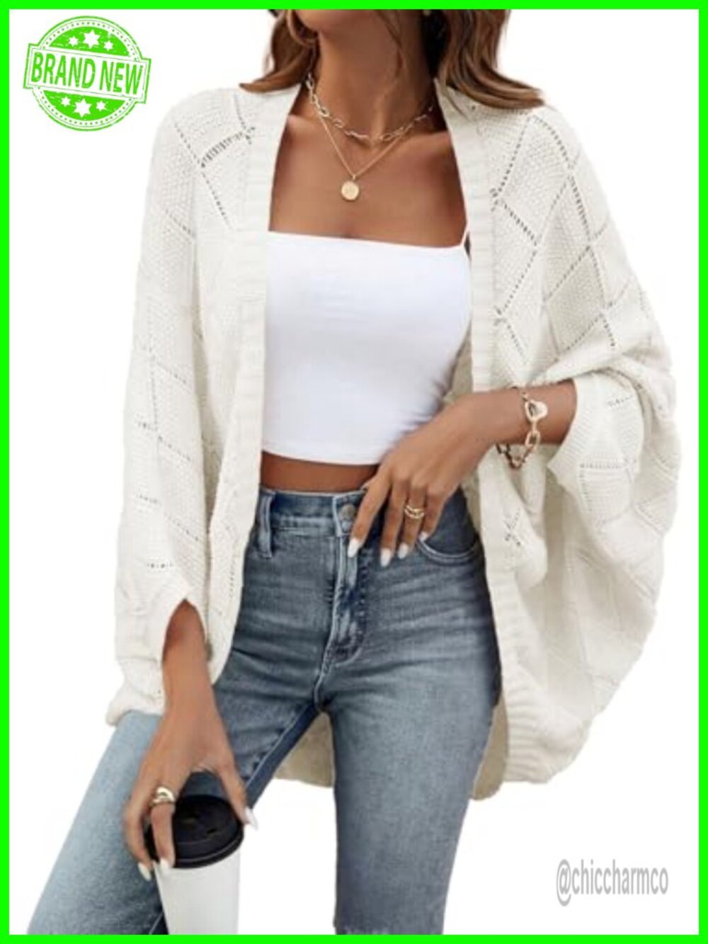 Crochet Oversized Cardigan Batwing Sleeve Lightweight Boho Shrug